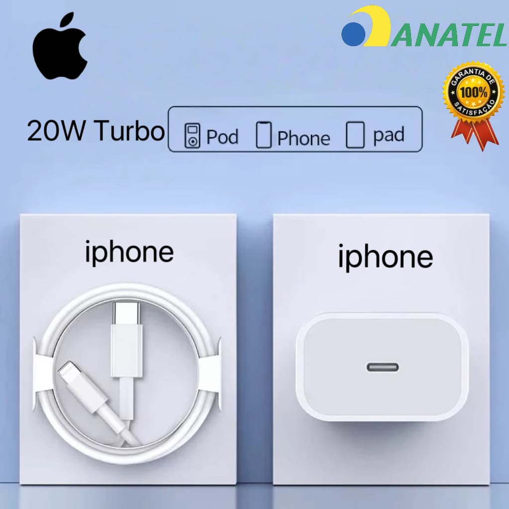 Carregador Original Para iPhone 11 12 13 14 15 16 Fonte + Cabo 20w PD Turbo Rapido Tipo C Lightning