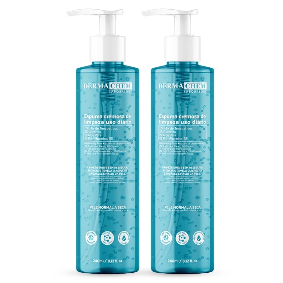 Kit 2 Espuma Cremosa de Limpeza Facial 240ml Hidratação e Maciez da Pele Com Aloe Vera Dermachem
