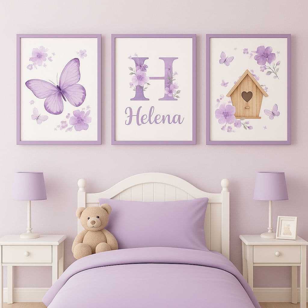 Quadro decorativo 3 peças Personalizado com nome Borboletinha Lilás quartinho de menina