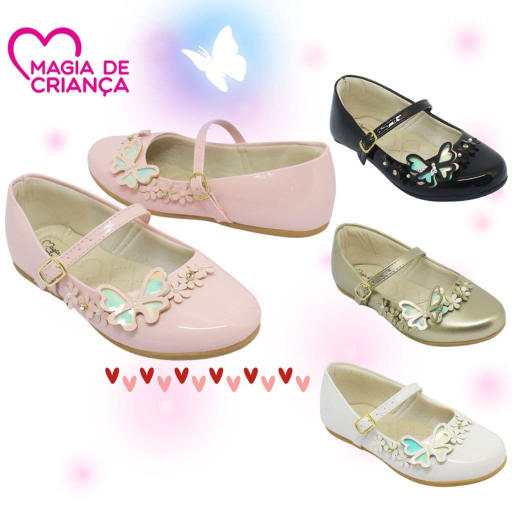 Sapatilha Infantil Menina Boneca Confortável Batizado Casamento Daminha Borboleta Flor Verniz Pérola