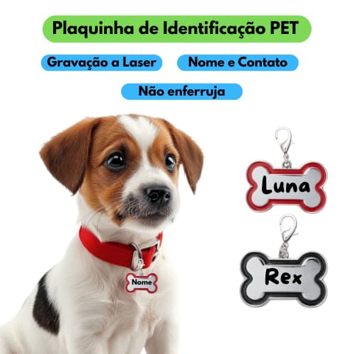 Plaquinha de Identificação Pet Personalizada Nome/Numero