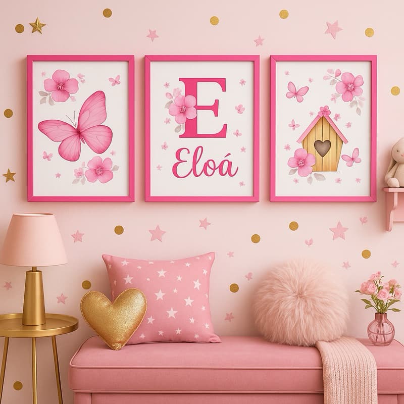 Quadro decorativo 3 peças Borboletinha Pink personalizado com nome quarto de menina
