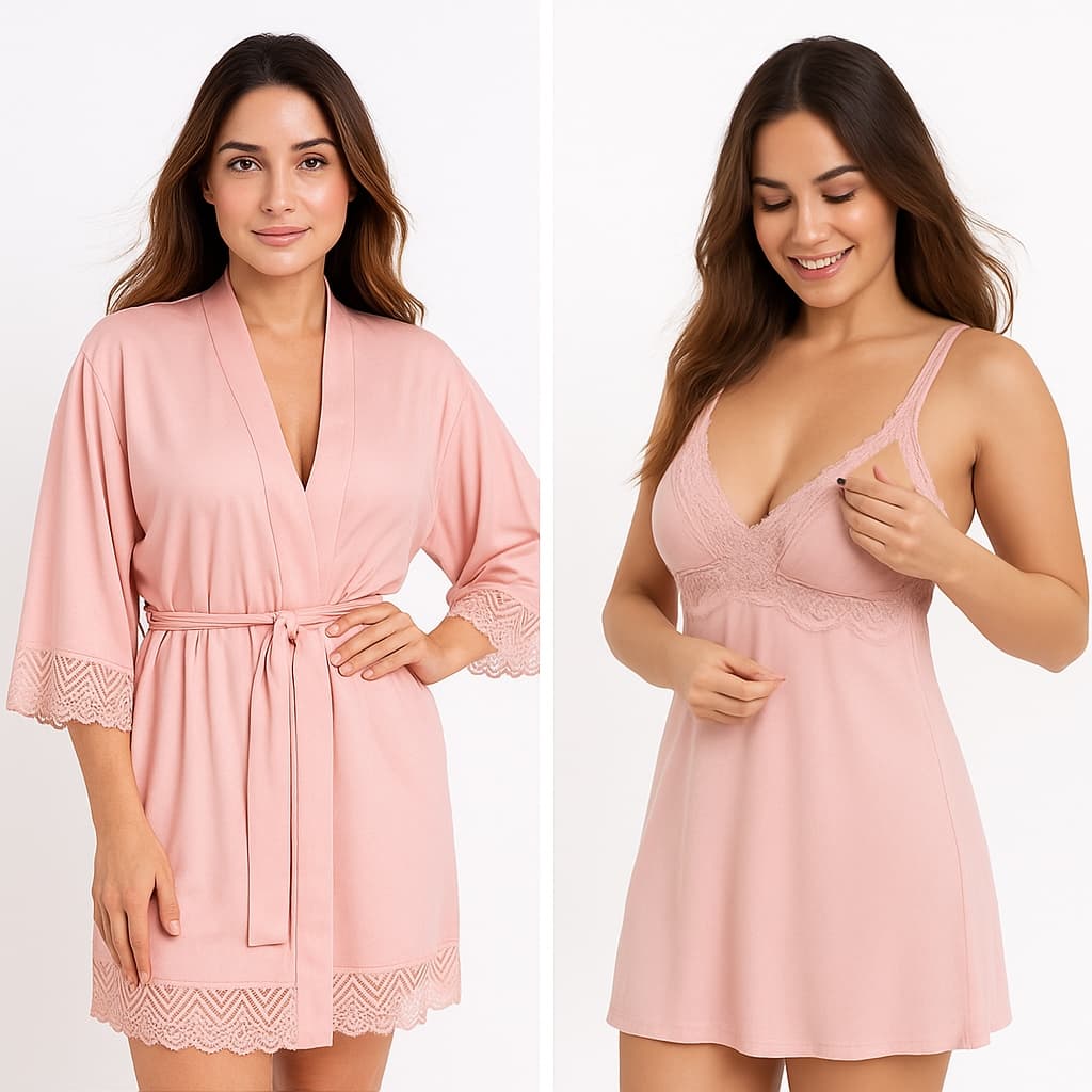 Kit Robe Luxo + Camisola Amamentação Abre fácil pós parto Saída Maternidade