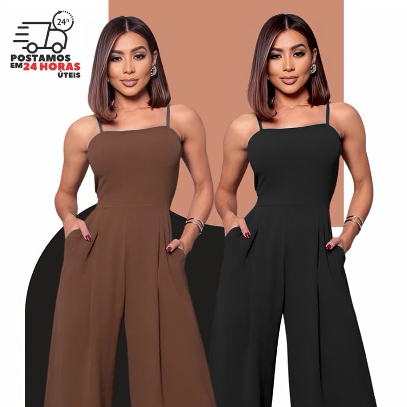 MACACÃO FEMININO PANTALONA COM ALÇA REGULÁVEL TECIDO DUNA TENDÊNCIA