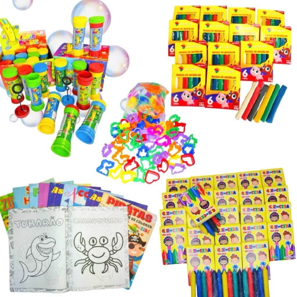 Kit 10 Massinha Modelar + 10 Bolha Sabão + 10 Giz Cera + 20 Molde + 10 Livrinhos de Colorir Lembrancinha Infantil