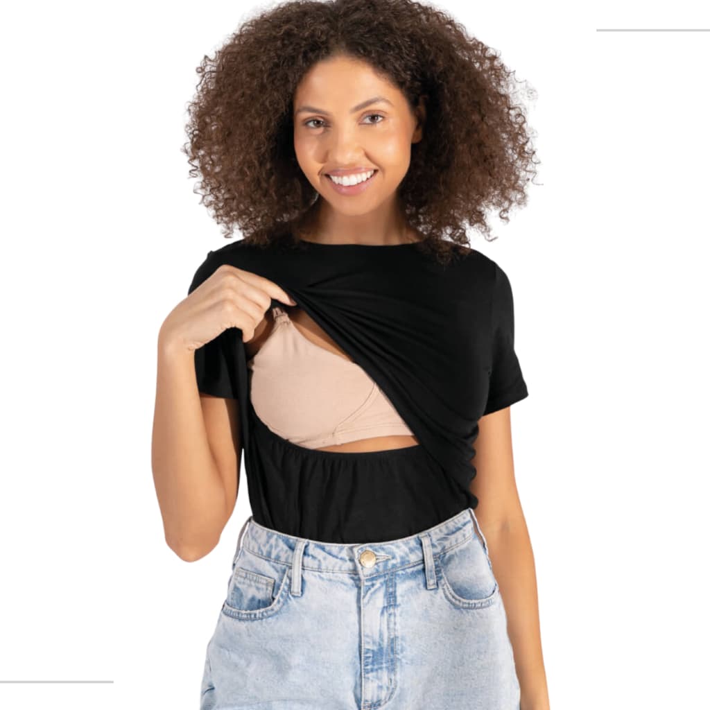 Blusa Feminina Manga Curta Amamentação Camiseta Simple Mama Grávida Gestante Pós Parto