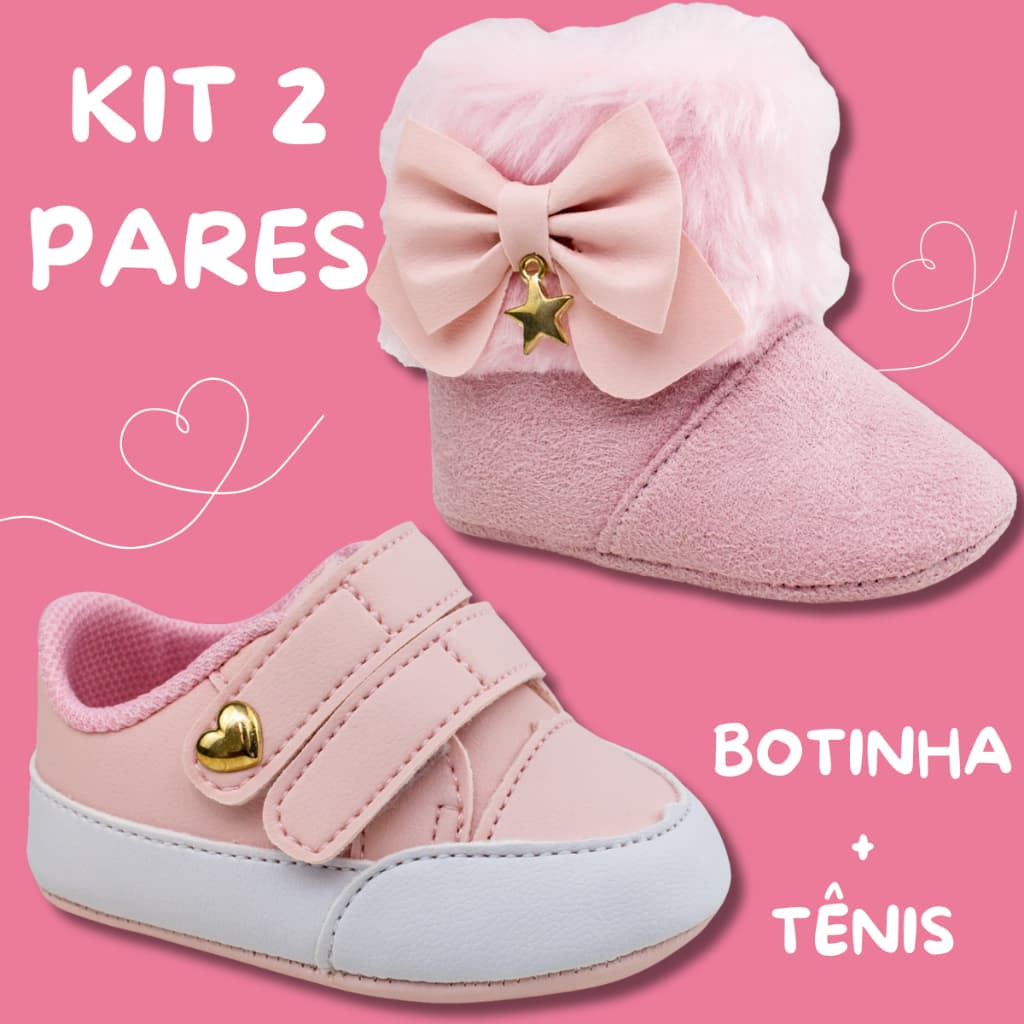 Kit 2 Pares Botinha + Sapatinho Inverno Bebê Menina Infantil Bota Com Pelo Laço Tênis Coração