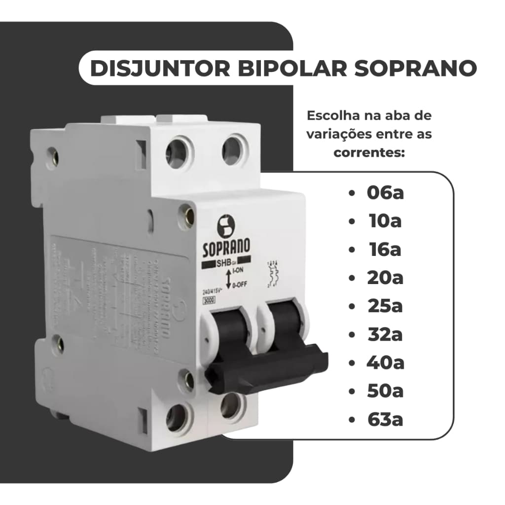 Disjuntor Bipolar Soprano 06a à 63a Curva C