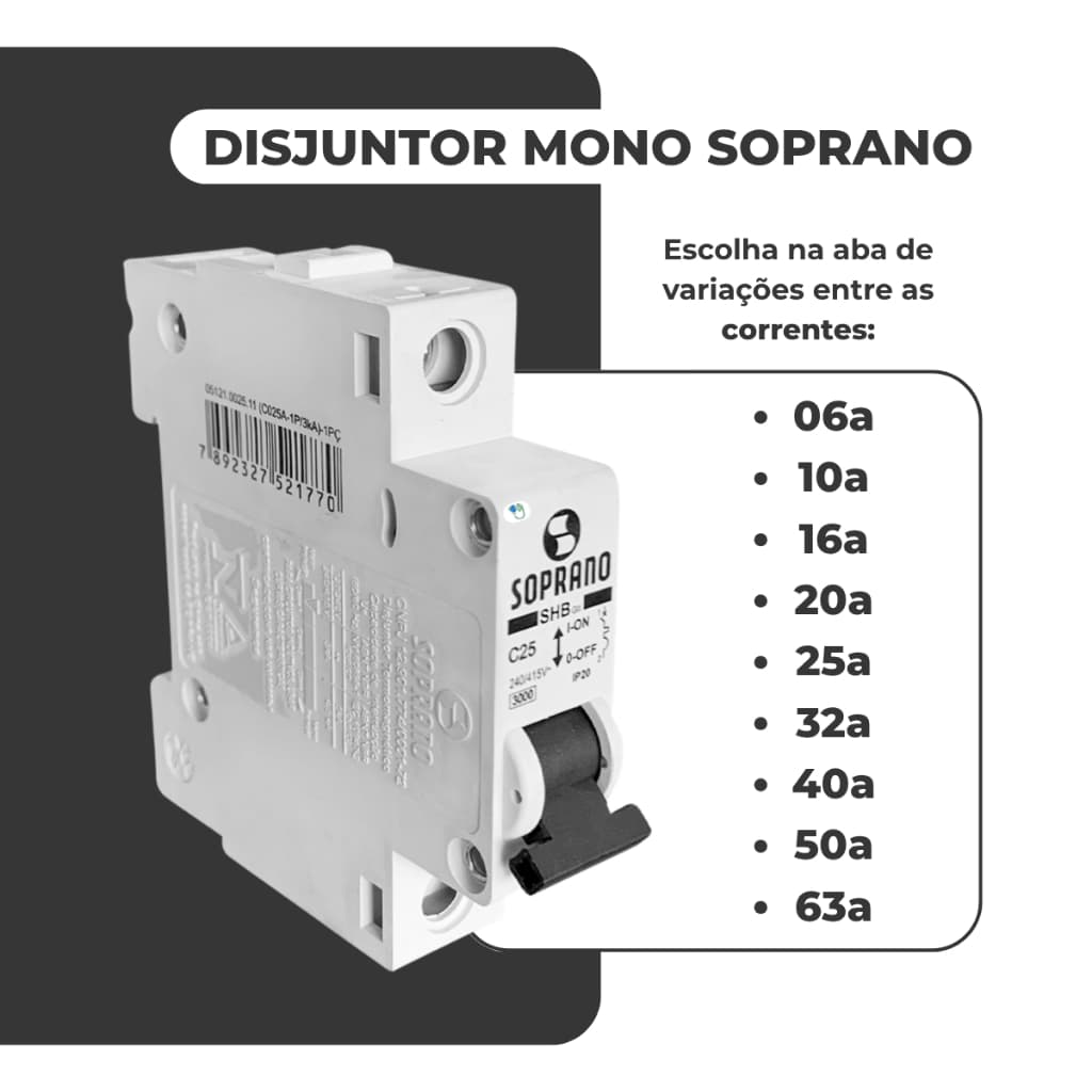Disjuntor Monopolar Soprano 06 à 63a Curva C