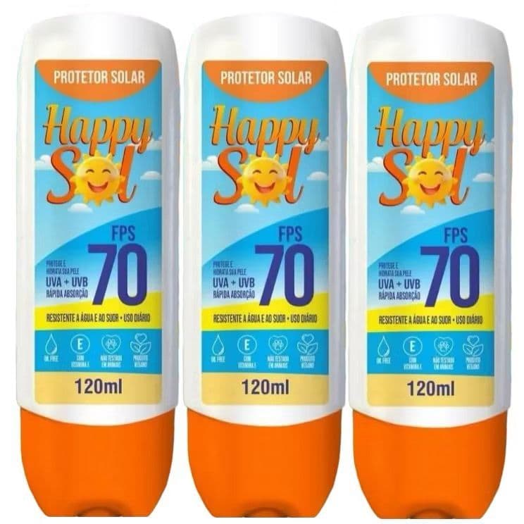 KIT COM 3 PROTETOR SOLAR HAPPY SOL 70 FPS 120 ML