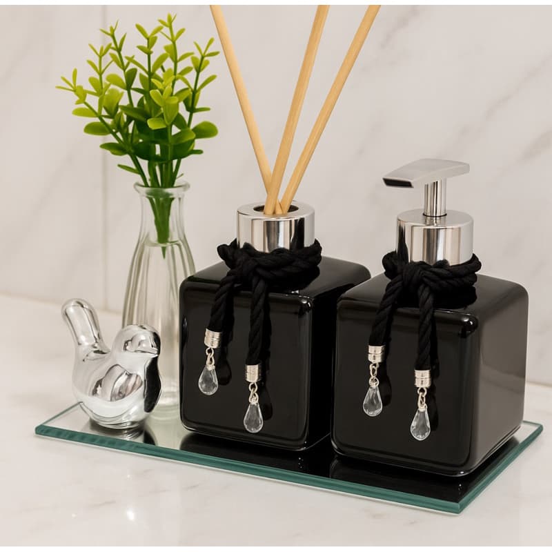 Kit Lavabo Banheiro Pet Preto Completo Com Bandeja Vasinho Passarinho Luxuoso