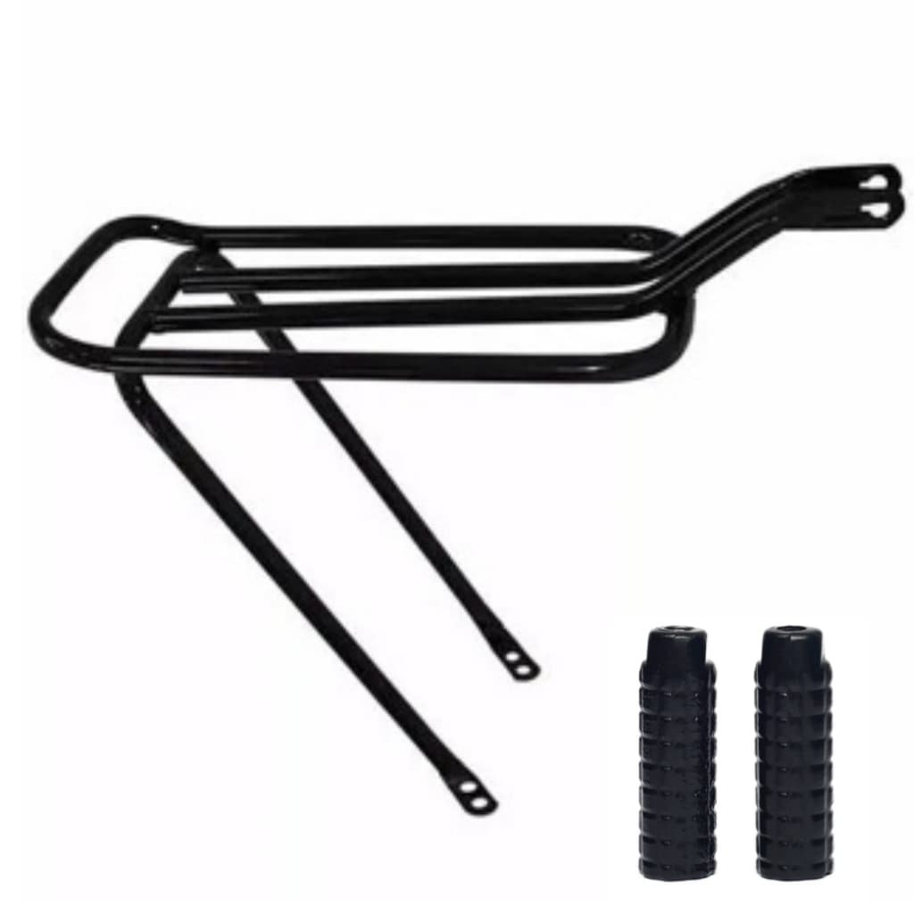 Garupa Bagageiro Para Bike Tubão Rabetinha Preto + Par De Trolhinha Apoio De Pé Pedaleira Aro 20 - 24 - 26