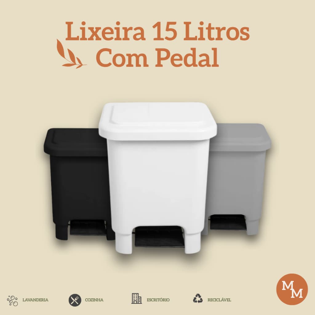 Lixeira com Pedal 15L – Plástico Forte, Ideal para Cozinha, Banheiro, Casa