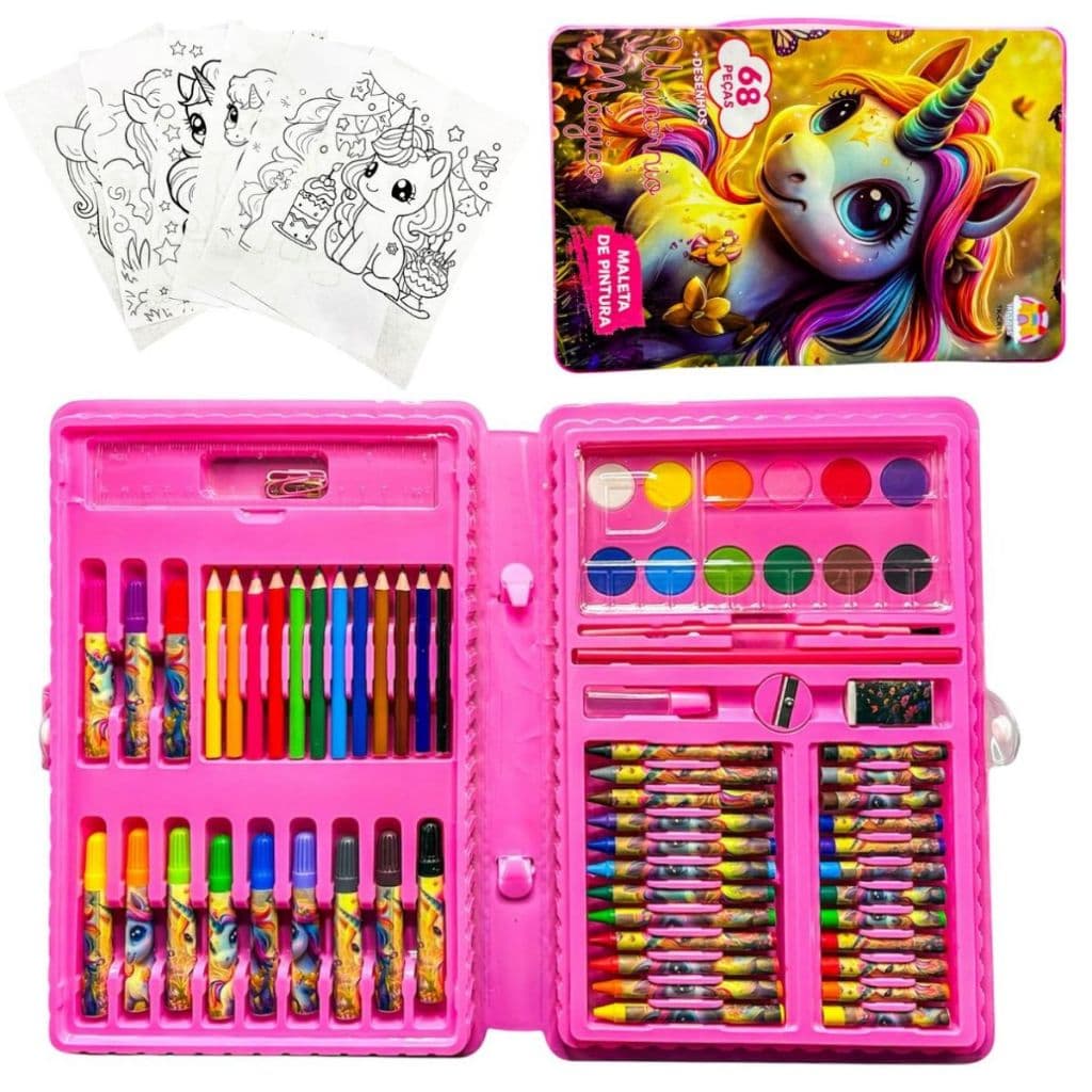 Estojo Maleta Escolar Infantil 68 Peças + Desenho P/ Pintura