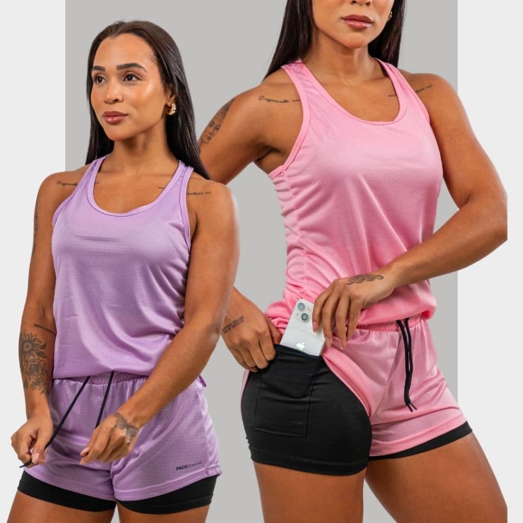 Conjunto Feminino Academia Short 2em1 com Bermuda compressão e Regata Nadador pra Exercício e Treino