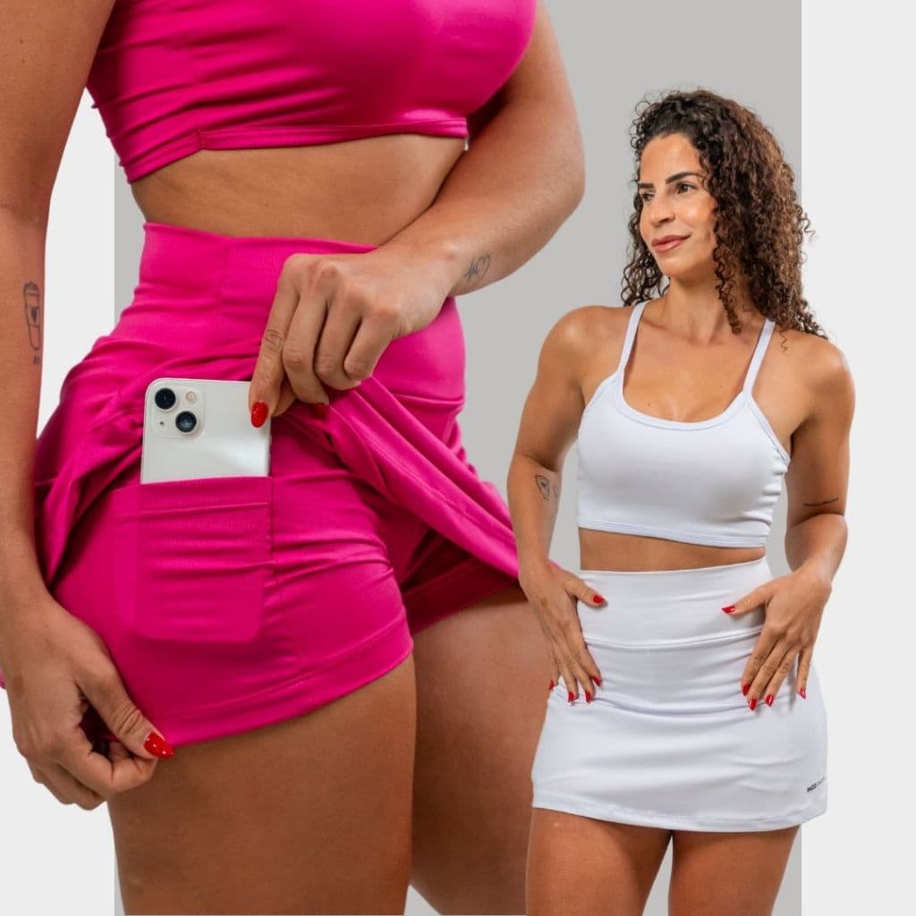 Short Saia Academia Tapa Bumbum Fitness com 2 Bolsos Ocultos pra Celular e Chave ProteçãoUV