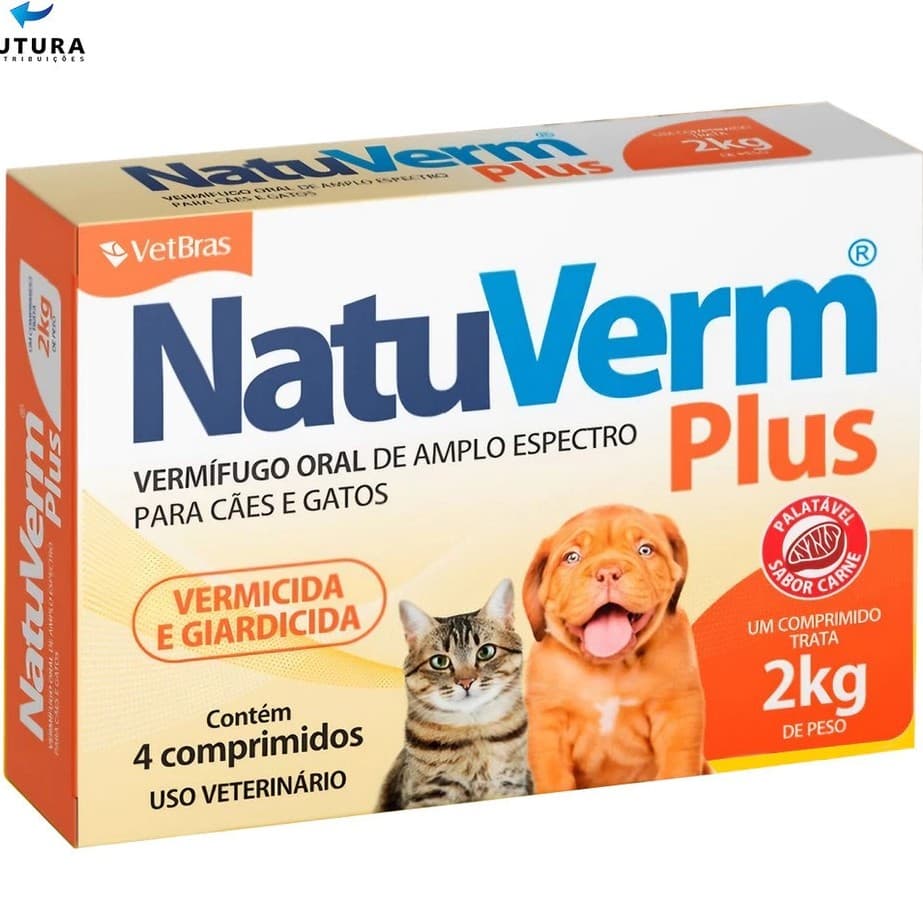 Natu verm Plus Caixas C/4 Comprimidos Vermifugo Sabor Carne Cães e Gatos Até 2kg