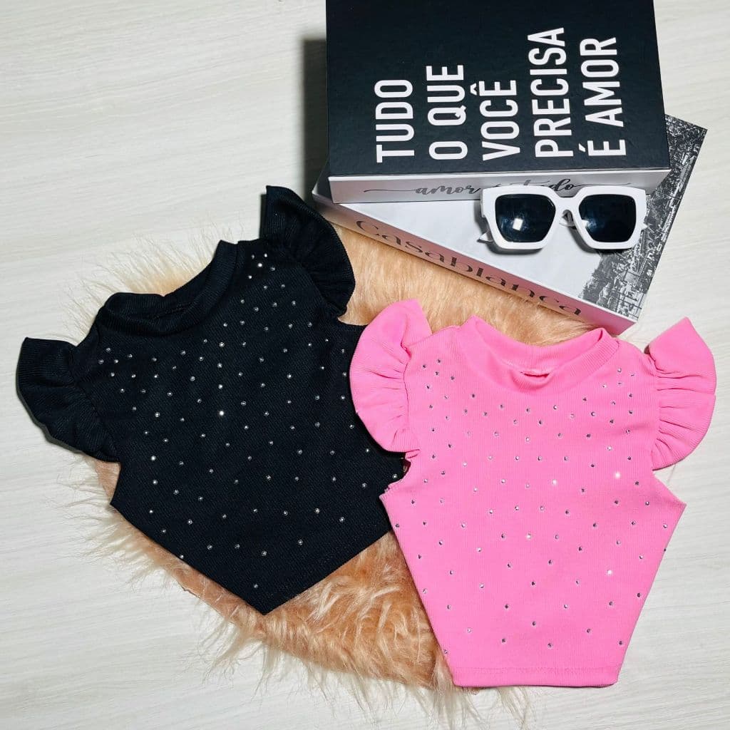 Kit 2 Blusa Infantil Cancelada Manga Princesa Pedraria Casual Bloguerinha Fashion Dia a Dia Passeio