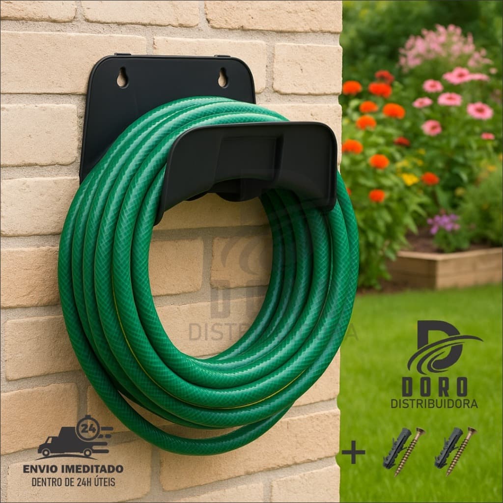 Suporte Para Mangueira Jardim Enrolador Parede Preto + Parafuso e bucha