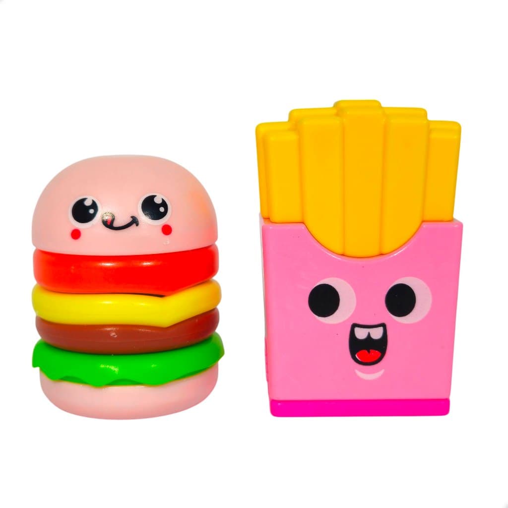 Kit Escolar Kawaii, Apontador Duplo e Borracha Decorativa, Hambúrguer e Batata Frita, 2 Peças