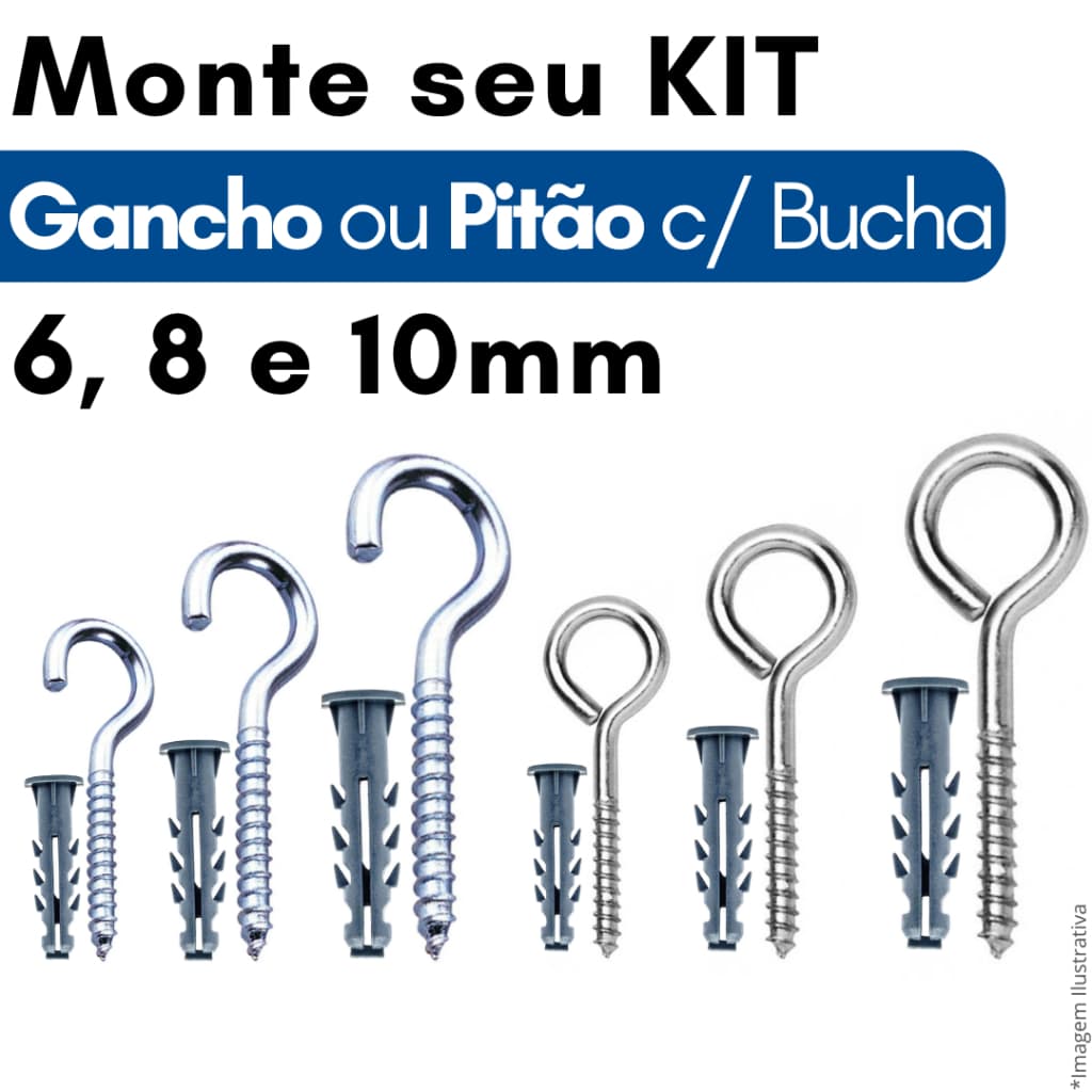 Kit Pitão com Bucha Kit Gancho e Buchas Fixação Parede Jogo Gancho Fechado 6 8 e 10 Ganchos Zincado