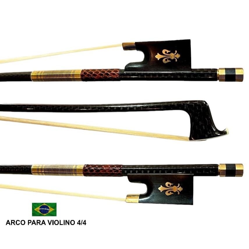 Arco Violino 4/4 Fibra Carbono Trançado Flor de Lis Gold Top Crina Animal Branca