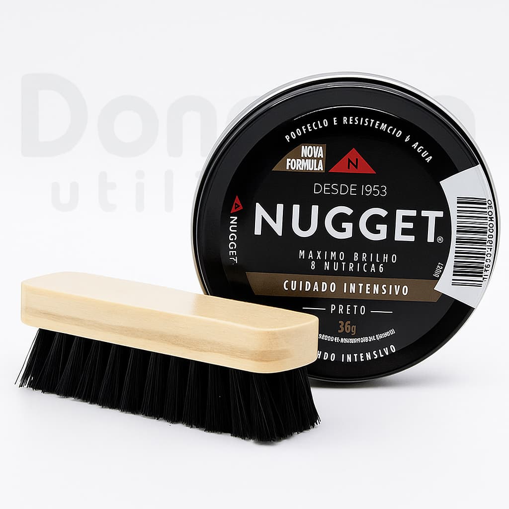 Kit 1 Escova de Sapato Macia + 1 Graxa Pasta Preta Nugget Lata 36G
