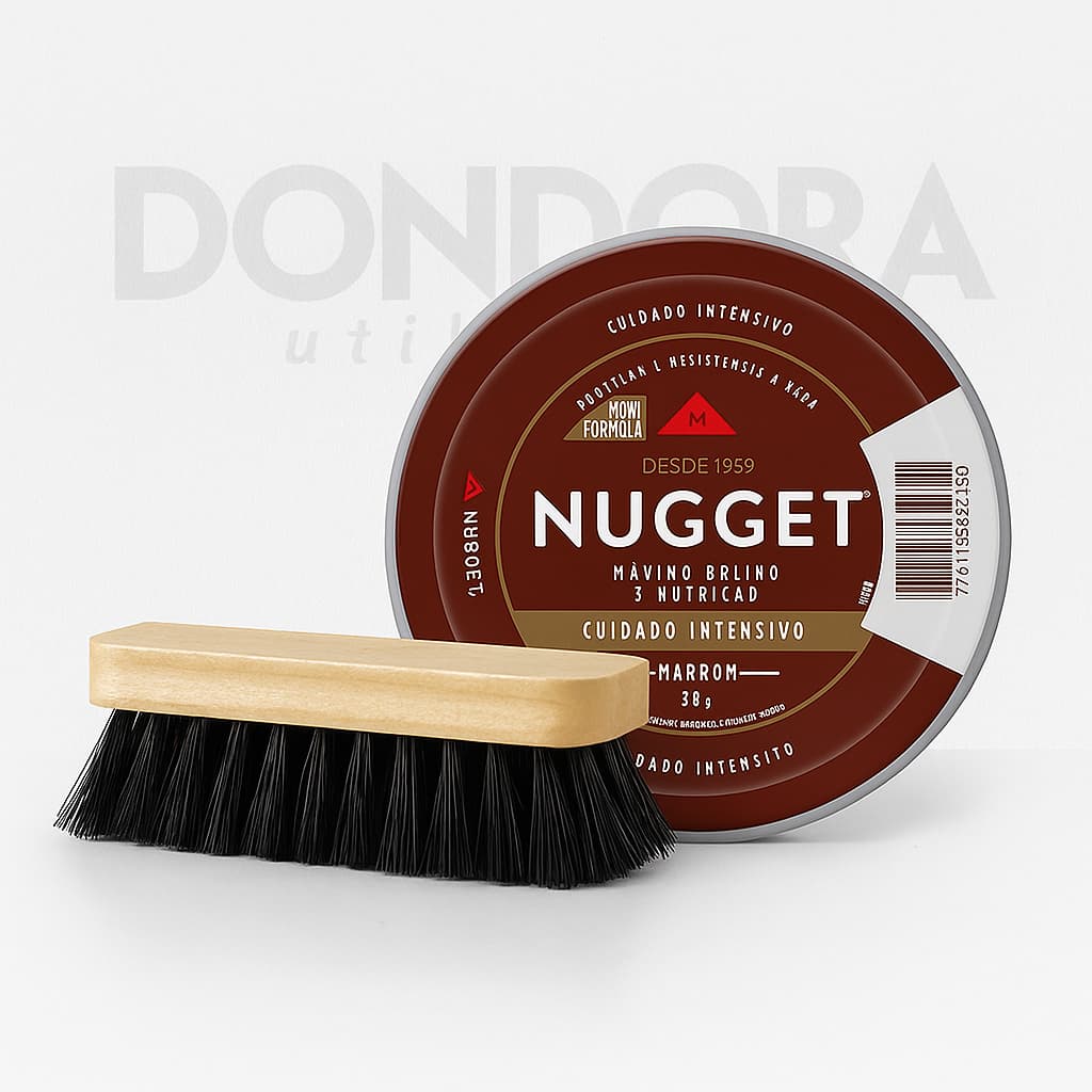 Kit 1 Escova de Sapato Macia + 1 Graxa Pasta Marrom Nugget Lata 36g