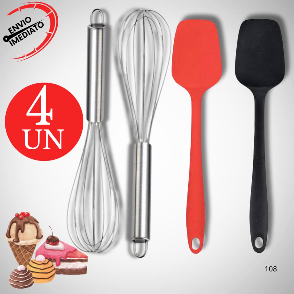 Kit 4 Espatula Silicone Reta Pão Duro Fue Fuet Batedor de Ovos Brigadeiro Preta Vermelho Não Risca