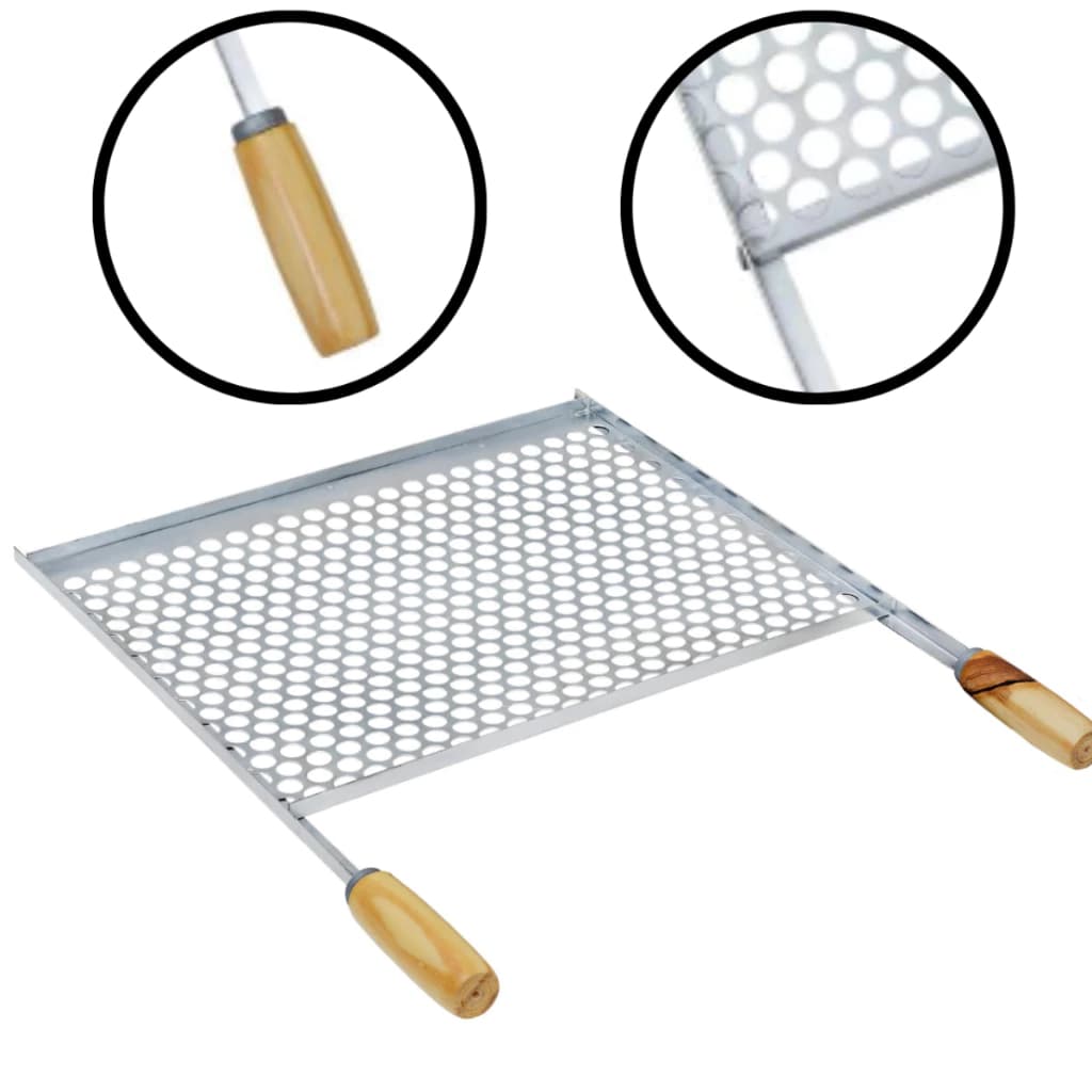 Grelha Moeda 50x40 em Aço com Cabo de Madeira para Churrasqueira e Churrasco