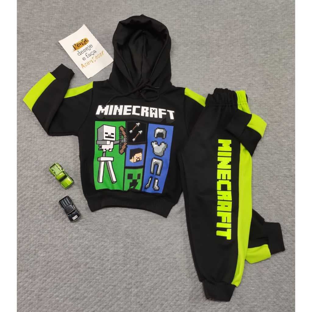 Conjunto Infantil Criança Mine Craft Roupa Infanto Juvenil Menino Masculino Inverno Frio Calça Casaco Moletinho