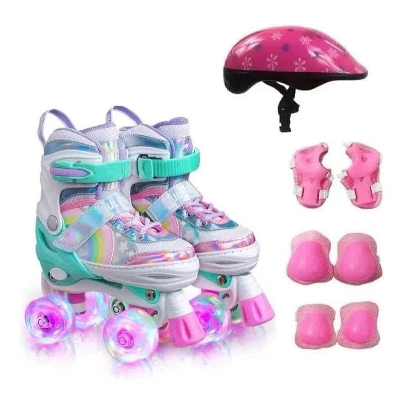 Patins Infantil 4 Rodas Ajustável Leds Nas Rodinhas Lançamento COM OU SEM kit Proteção