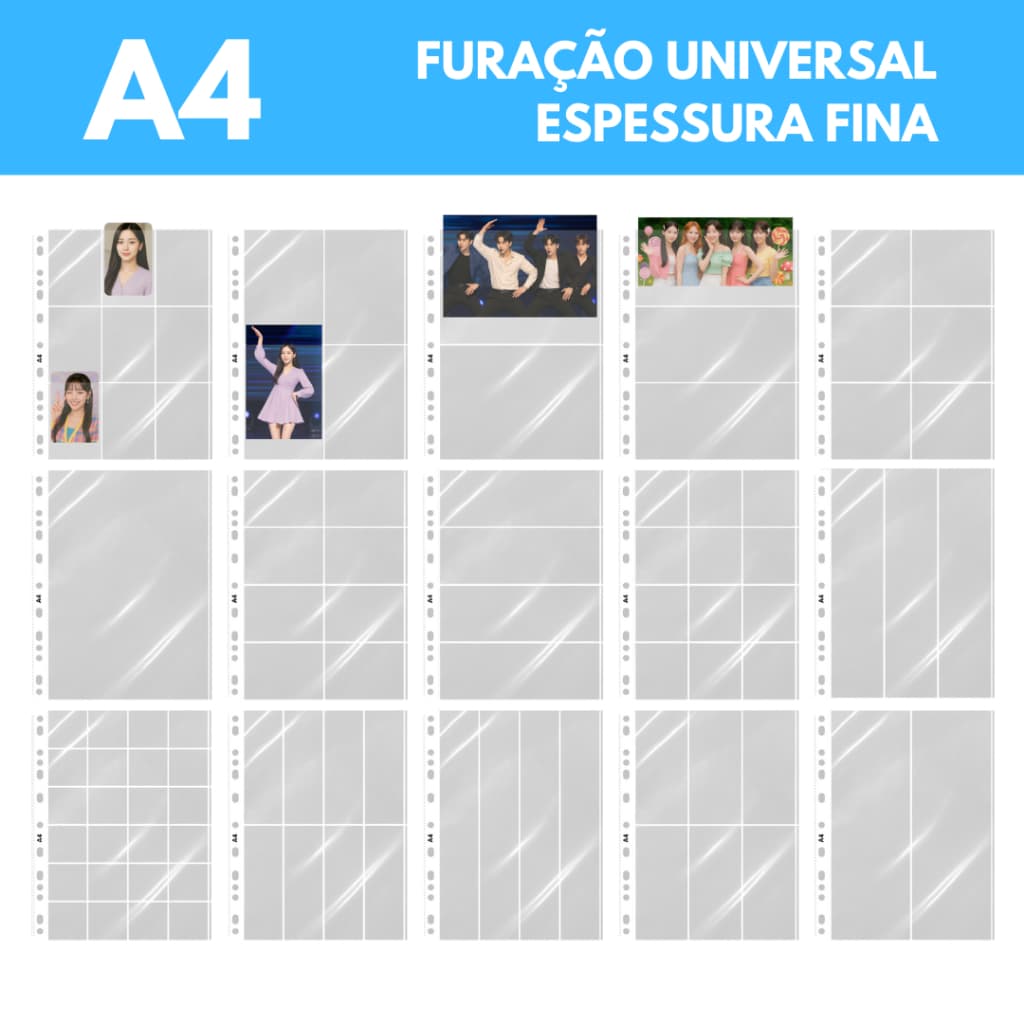 Kit 10 Folhas Binder Saco Plástico A4 Fichario Photocard Cédulas Polipropileno 1 2 3 4 6 8 9 Bolsos yes Selos Filatelia
