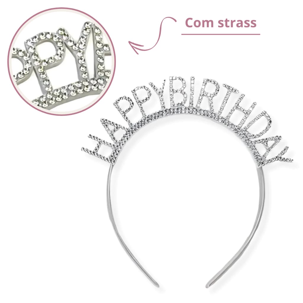 Tiara Happy Birthday com Strass Feliz Aniversário acessório festa niver brilhante adulto infantil