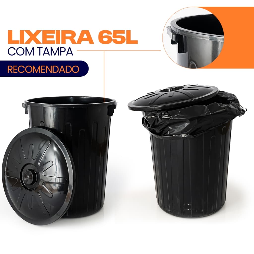 Lixeira 65 Litros Grande Redonda Multiuso Com Tampa Preta