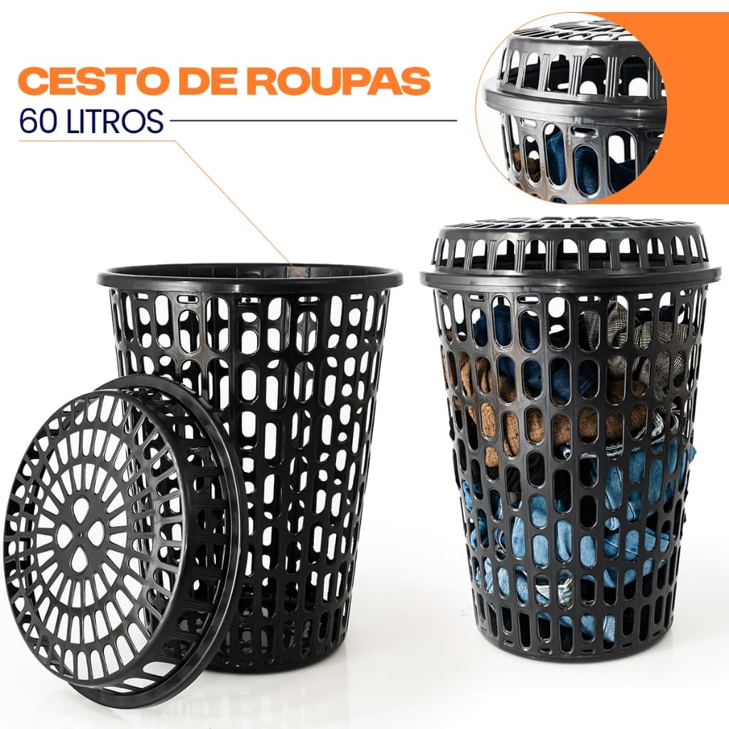 Cesto de Roupas 60 Litros Telado Redondo Com Tampa