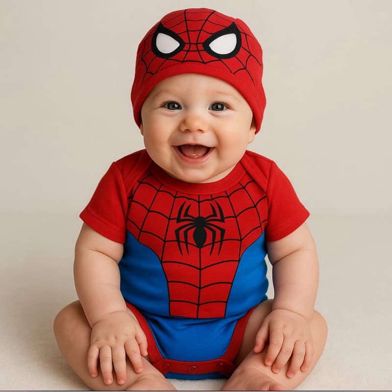 Body Bebê Tématico + Touca Homem Aranha Mêsversario fantasia Menino