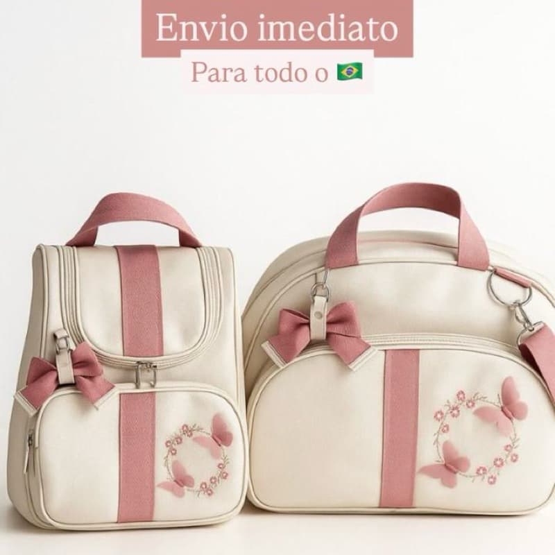 Bolsa Maternidade Luxo kit Bordado 2 Peças Menino / Menina BORBOLETAS 3D / SAFARI Mamãe e bebê