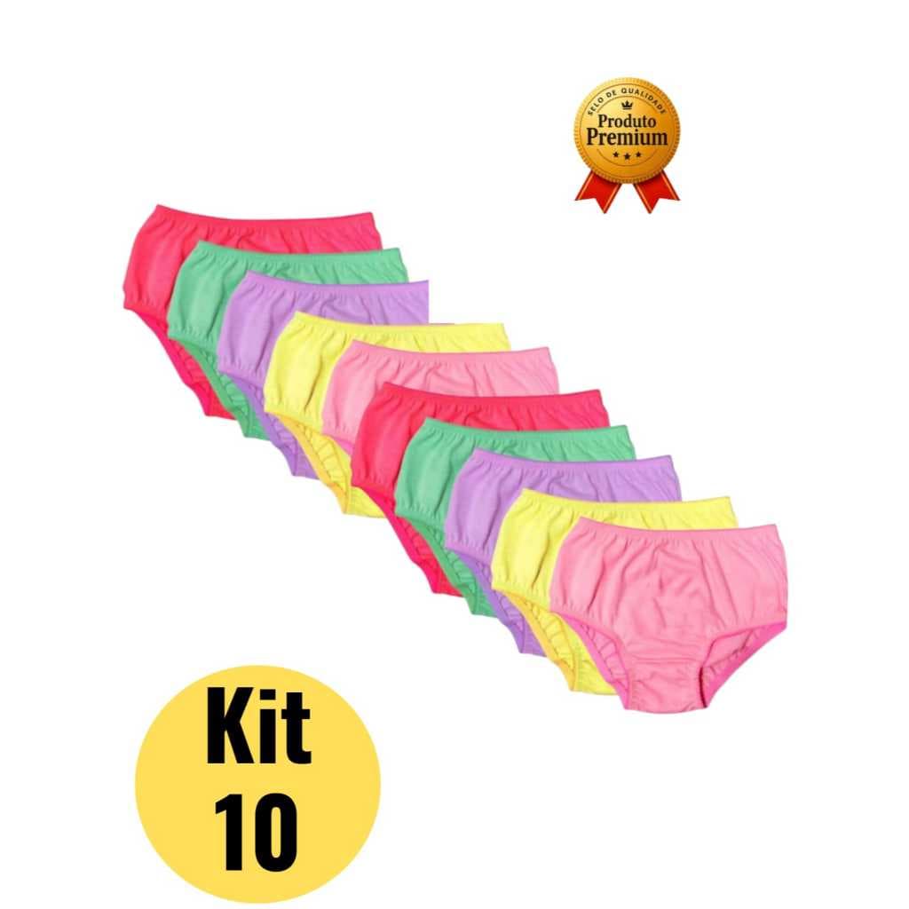 KIT 10 CALCINHA INFANTIL DE ALGODAO LISAS  CORES SORTIDAS