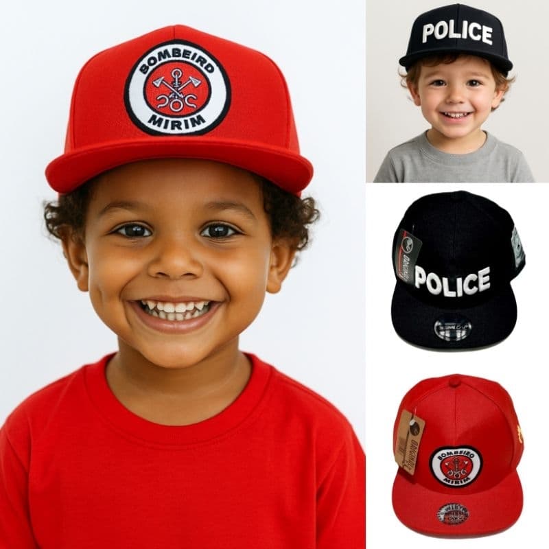 Bone Infantil Bombeiro Policia Fantasia Menino até 9 anos.