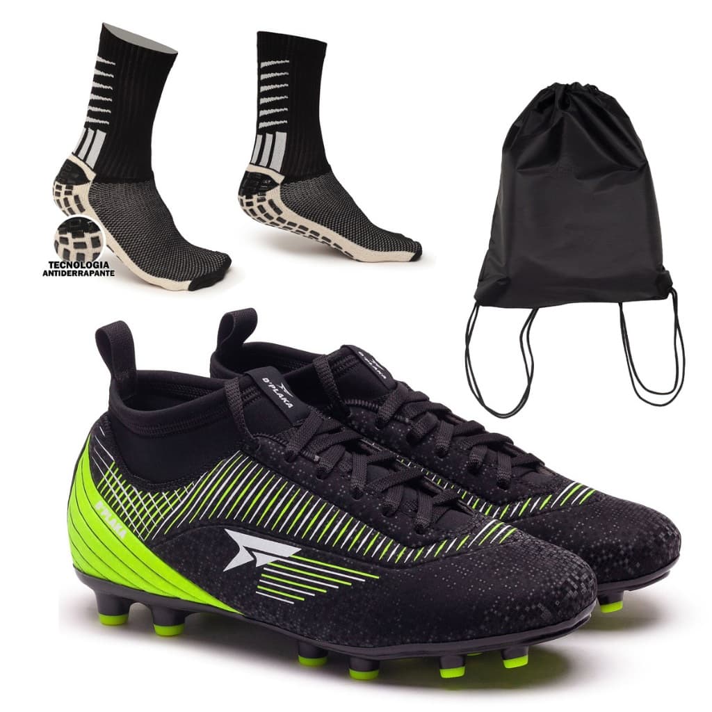 Combo Chuteira Botinha Adulto Campo Trava Confortável +Mochila Porta Chuteiras +Meia AntiDerrapante