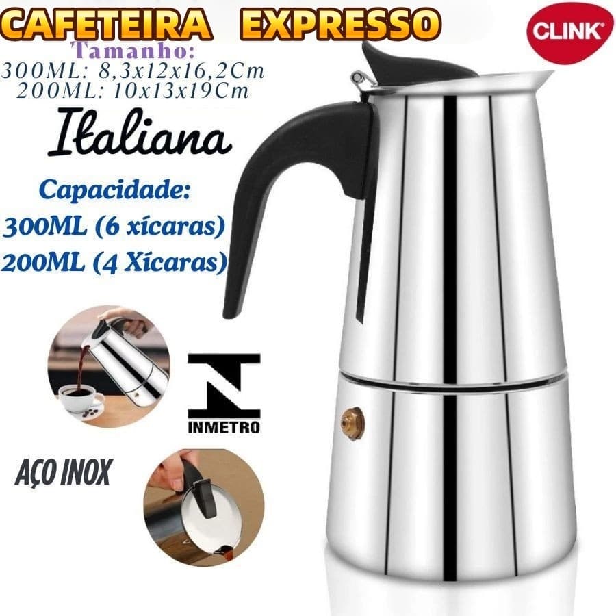 Cafeteira Italiana Compatível Com Fogão De Indução Inox  300ML 6 Xícaras Ou 200ML 4 Xícaras
