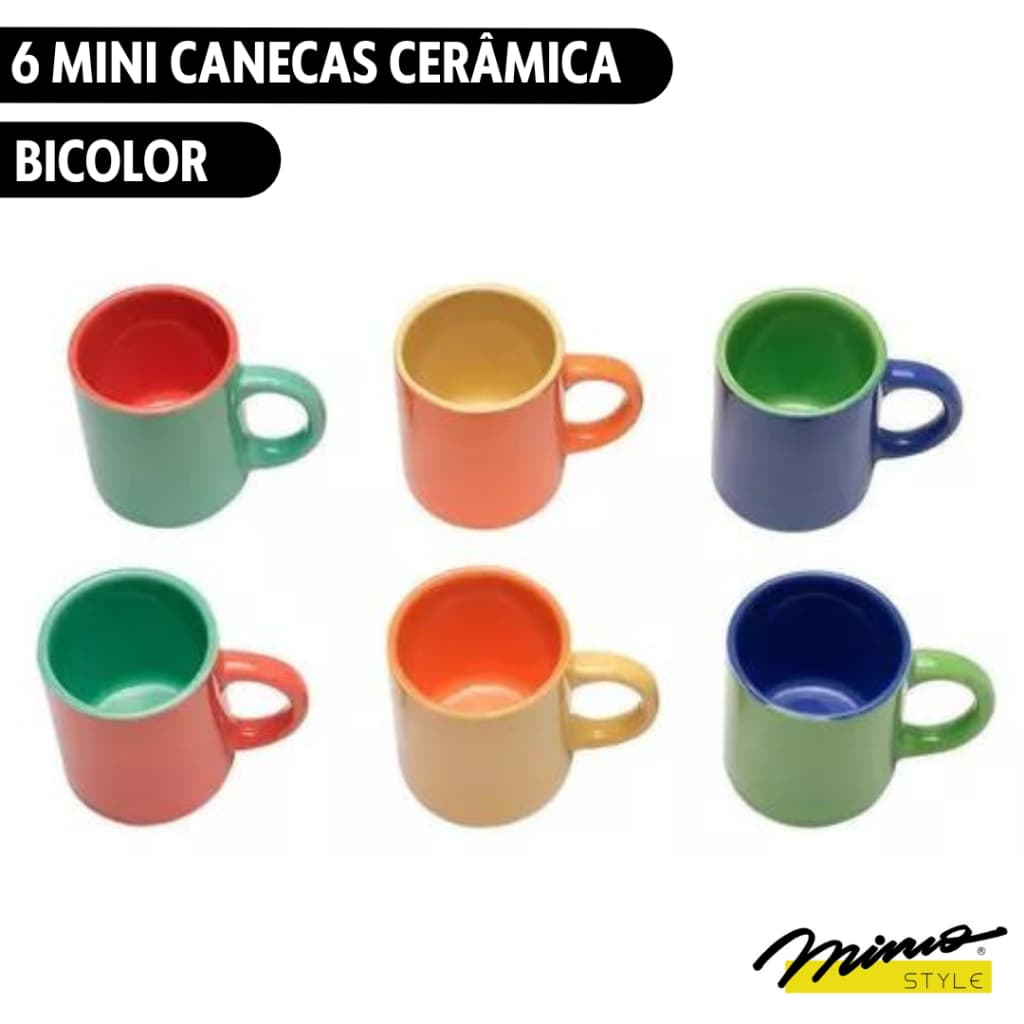 Jogo c/ 6 unid Mini Caneca Cerâmica Bicolor 80ml Mimo Style