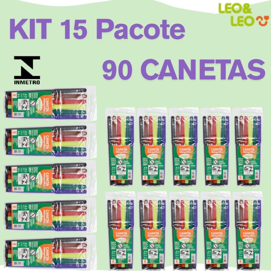 15 Pacotes 90 Canetas Hidrocor 6 Cores Canetinha Hidrográfica Escolar Pintura Material Escolar Arte