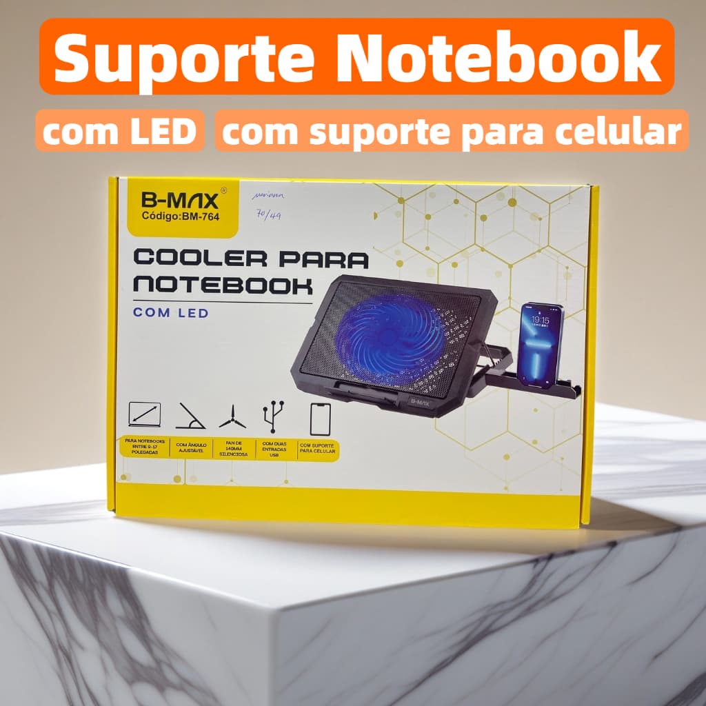 Suporte Cooler Para Notebook Com Suporte de Celular Base Led Refrigerada Ventilação Silenciosa B-max BM764