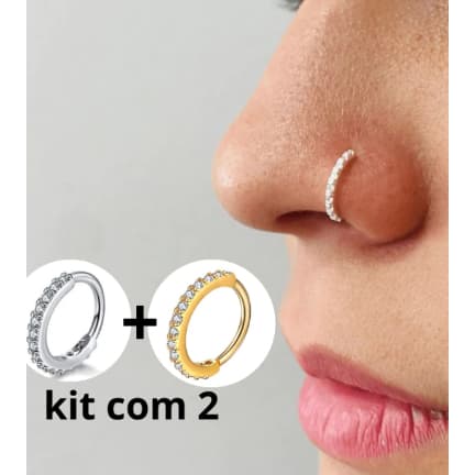 Kit 2 Piercing Nariz Cartilagem Argola Cravejado Strass 8mm/10mm