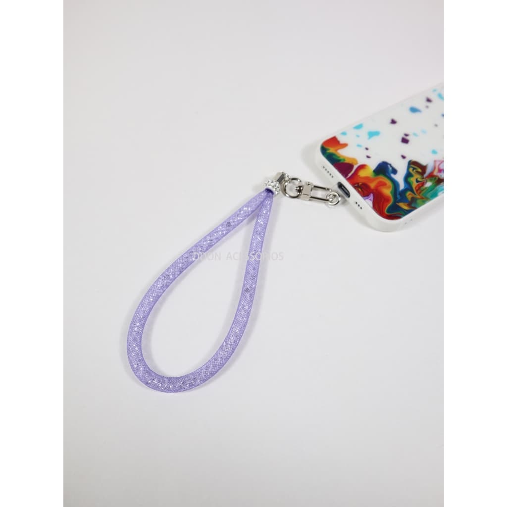 Cordão de Celular Feminino com  Malha Preta e Cristais Internos – Estilo Pulseira Decorativa Brilhante Multicolorido