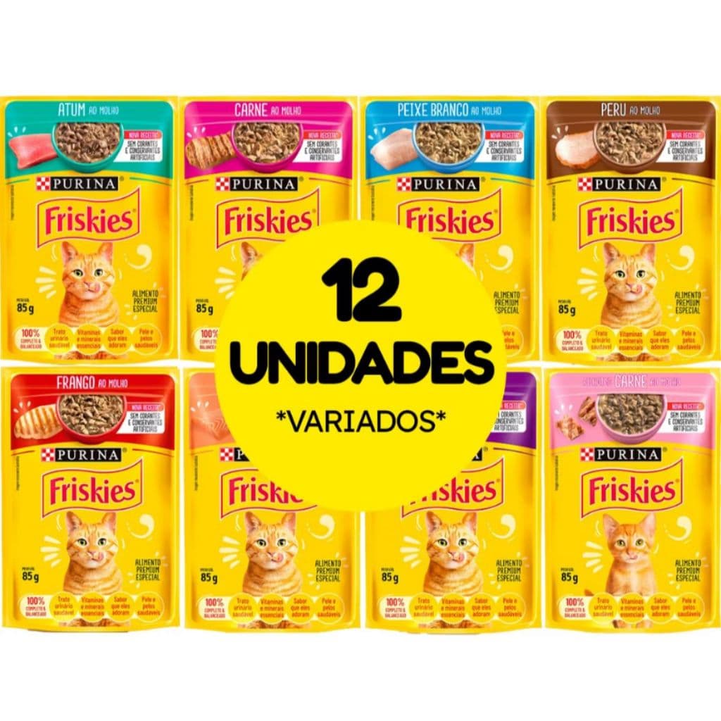 KIT 12 Sachês Friskies Gatos Adultos SABORES VARIADOS -  85g cada - Alimento Úmido