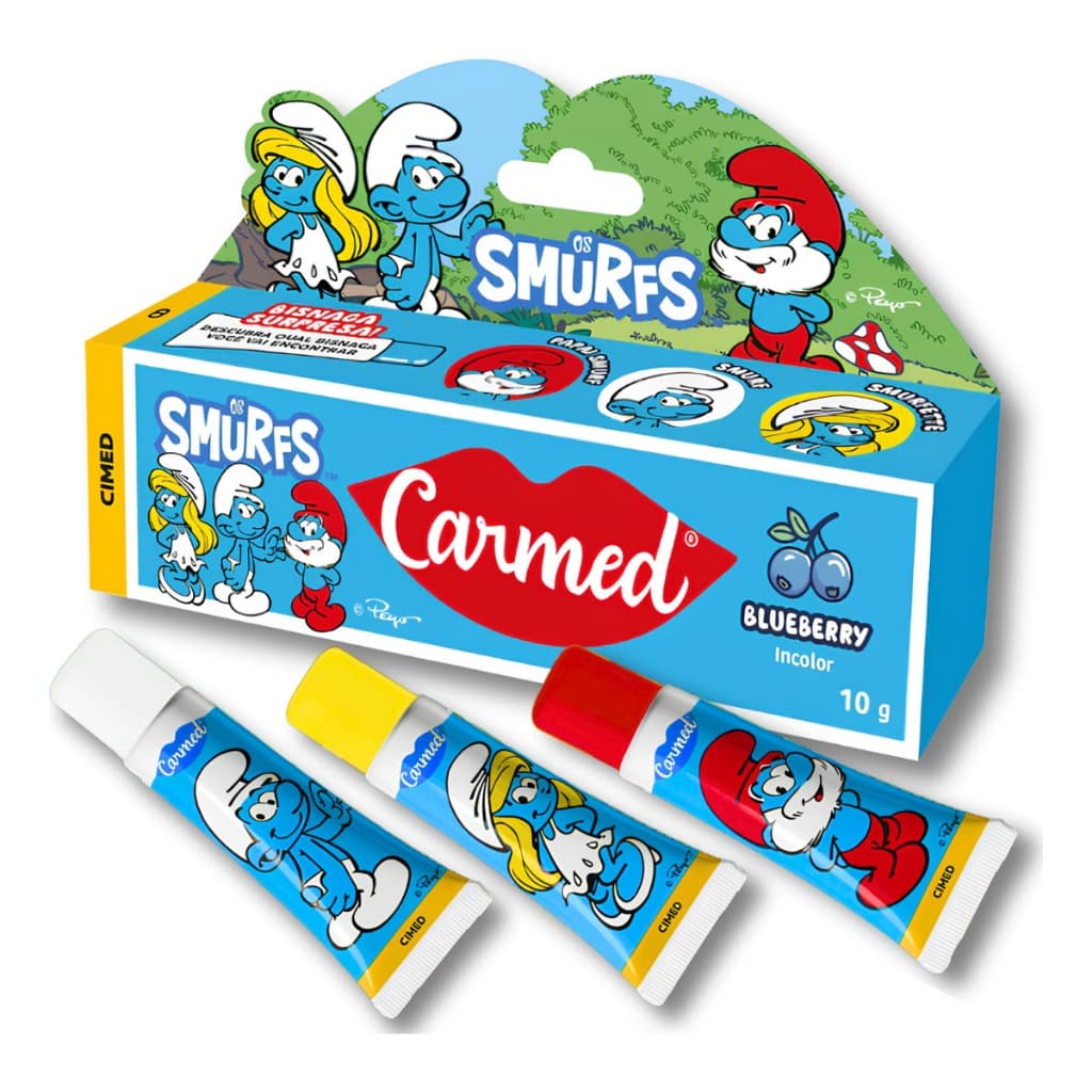 Hidratante Labial Carmed Smurfs Gliter Fini Amora Minhocas Beijos Melancia Maça do Amor Dentadura