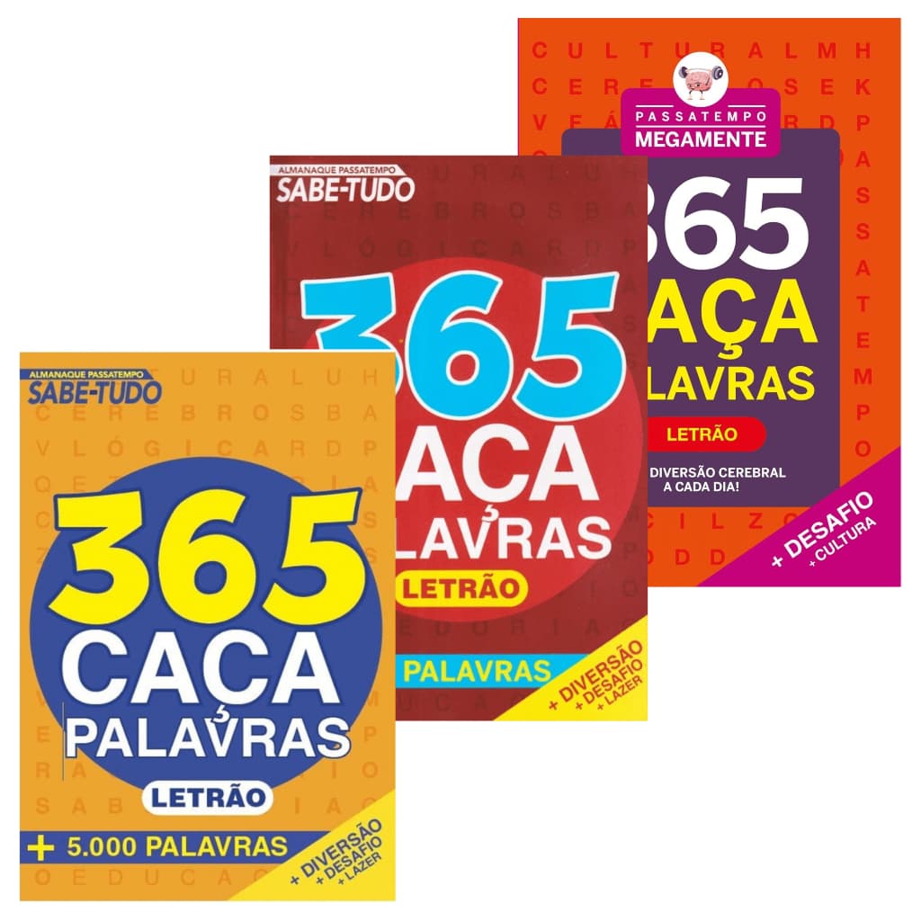 Kit 3 Caça Palavras 365 Letrão + 15000 Palavras | Almanaque Passatempo | Um Para Cada Dia do Ano